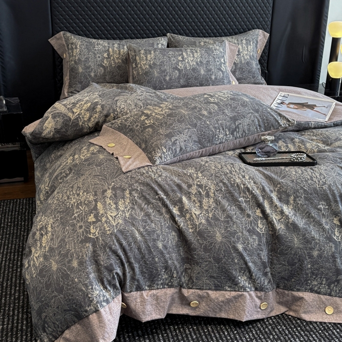 91家纺网 家纺一手货源 找家纺 晚爱家纺（原晚安家居） 2025新款A类原麻四件套纽扣款加厚双层纱仿亚麻套件四件套 水墨江南