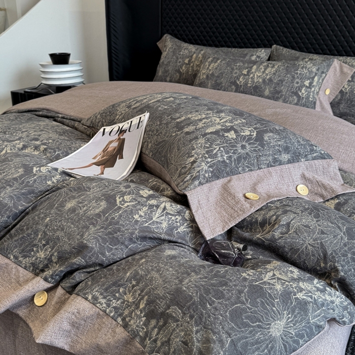 91家纺网 家纺一手货源 找家纺 晚爱家纺（原晚安家居） 2025新款A类原麻四件套纽扣款加厚双层纱仿亚麻套件四件套 水墨江南