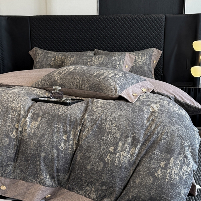 91家纺网 家纺一手货源 找家纺 晚爱家纺（原晚安家居） 2025新款A类原麻四件套纽扣款加厚双层纱仿亚麻套件四件套 水墨江南