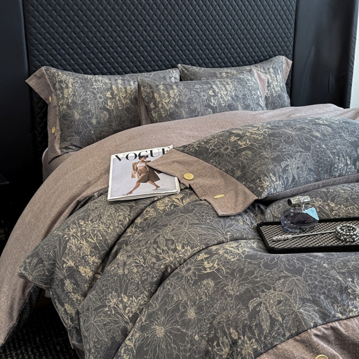 91家纺网 家纺一手货源 找家纺 晚爱家纺（原晚安家居） 2025新款A类原麻四件套纽扣款加厚双层纱仿亚麻套件四件套 水墨江南