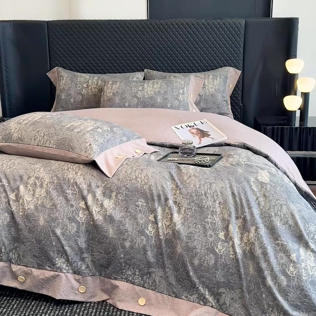 91家纺网 家纺一手货源 找家纺 晚爱家纺（原晚安家居） 2025新款A类原麻四件套纽扣款加厚双层纱仿亚麻套件四件套 水墨江南