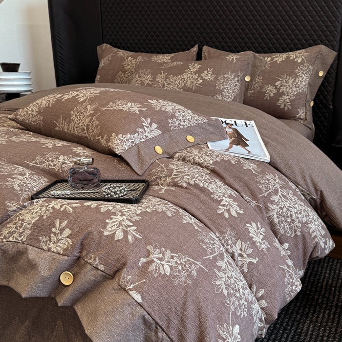 91家纺网 家纺一手货源 找家纺 晚爱家纺（原晚安家居） 2025新款A类原麻四件套纽扣款加厚双层纱仿亚麻套件四件套 田园咖