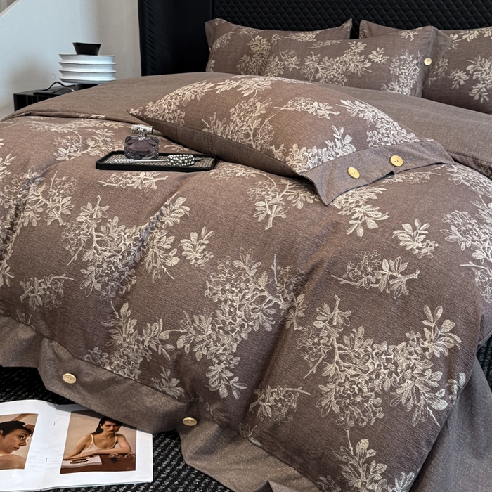 91家纺网 家纺一手货源 找家纺 晚爱家纺（原晚安家居） 2025新款A类原麻四件套纽扣款加厚双层纱仿亚麻套件四件套 田园咖