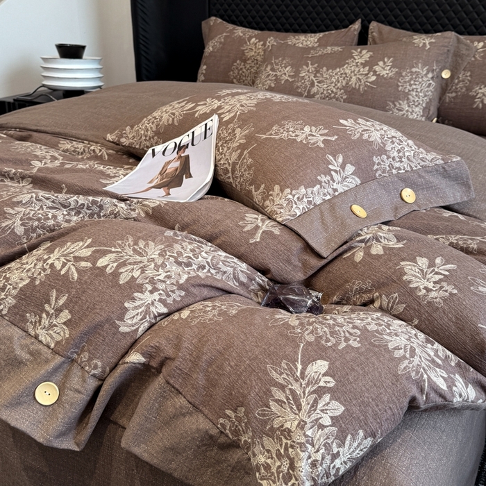 91家纺网 家纺一手货源 找家纺 晚爱家纺（原晚安家居） 2025新款A类原麻四件套纽扣款加厚双层纱仿亚麻套件四件套 田园咖