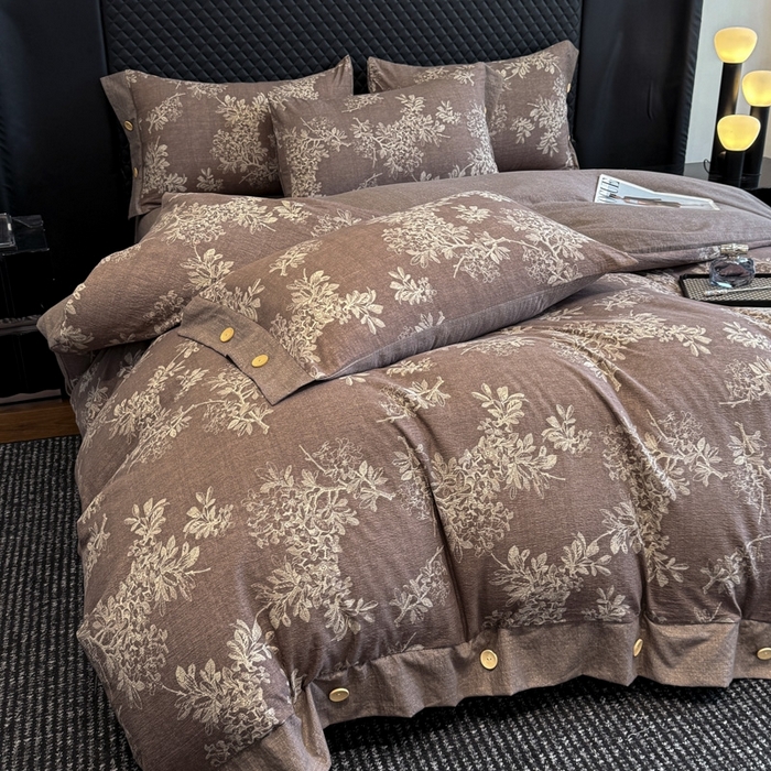 91家纺网 家纺一手货源 找家纺 晚爱家纺（原晚安家居） 2025新款A类原麻四件套纽扣款加厚双层纱仿亚麻套件四件套 田园咖