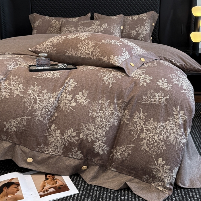 91家纺网 家纺一手货源 找家纺 晚爱家纺（原晚安家居） 2025新款A类原麻四件套纽扣款加厚双层纱仿亚麻套件四件套 田园咖