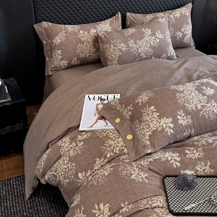 91家纺网 家纺一手货源 找家纺 晚爱家纺（原晚安家居） 2025新款A类原麻四件套纽扣款加厚双层纱仿亚麻套件四件套 田园咖