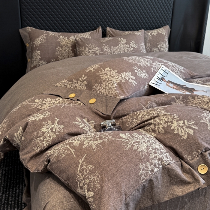 91家纺网 家纺一手货源 找家纺 晚爱家纺（原晚安家居） 2025新款A类原麻四件套纽扣款加厚双层纱仿亚麻套件四件套 田园咖