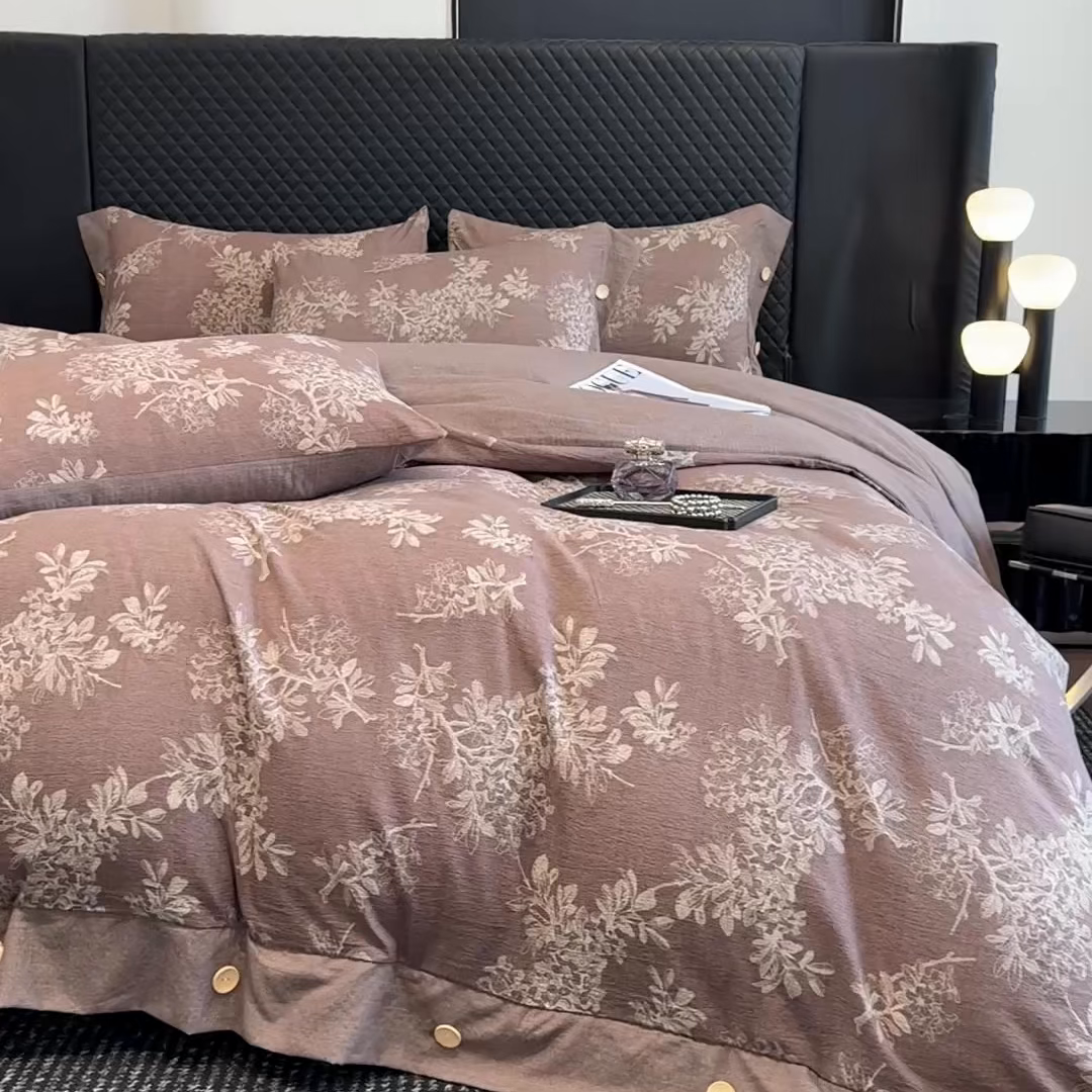 91家纺网 家纺一手货源 找家纺 晚爱家纺（原晚安家居） 2025新款A类原麻四件套纽扣款加厚双层纱仿亚麻套件四件套 田园咖