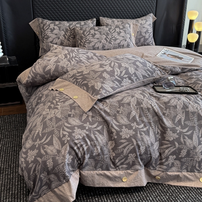 91家纺网 家纺一手货源 找家纺 晚爱家纺（原晚安家居） 2025新款A类原麻四件套纽扣款加厚双层纱仿亚麻套件四件套 晚秋