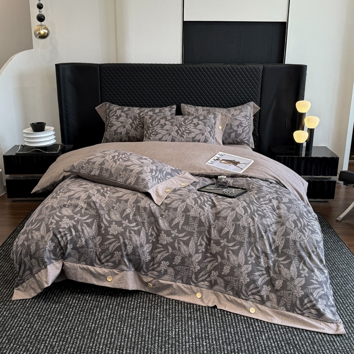 91家纺网 家纺一手货源 找家纺 晚爱家纺（原晚安家居） 2025新款A类原麻四件套纽扣款加厚双层纱仿亚麻套件四件套 晚秋