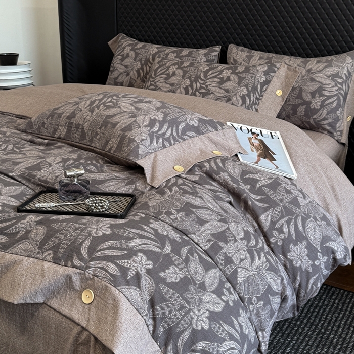 91家纺网 家纺一手货源 找家纺 晚爱家纺（原晚安家居） 2025新款A类原麻四件套纽扣款加厚双层纱仿亚麻套件四件套 晚秋