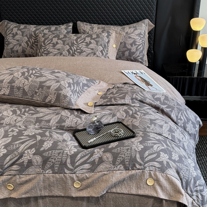 91家纺网 家纺一手货源 找家纺 晚爱家纺（原晚安家居） 2025新款A类原麻四件套纽扣款加厚双层纱仿亚麻套件四件套 晚秋