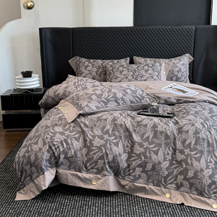 91家纺网 家纺一手货源 找家纺 晚爱家纺（原晚安家居） 2025新款A类原麻四件套纽扣款加厚双层纱仿亚麻套件四件套 晚秋