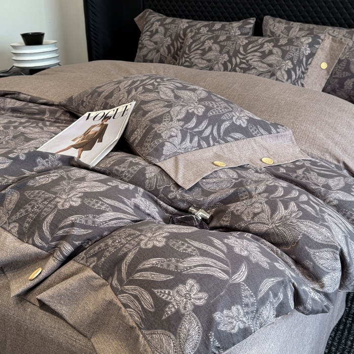 91家纺网 家纺一手货源 找家纺 晚爱家纺（原晚安家居） 2025新款A类原麻四件套纽扣款加厚双层纱仿亚麻套件四件套 晚秋