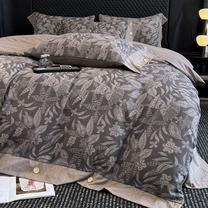 91家纺网 家纺一手货源 找家纺 晚爱家纺（原晚安家居） 2025新款A类原麻四件套纽扣款加厚双层纱仿亚麻套件四件套 晚秋