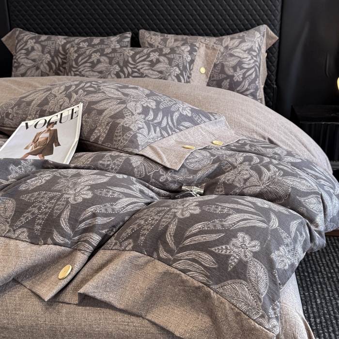 91家纺网 家纺一手货源 找家纺 晚爱家纺（原晚安家居） 2025新款A类原麻四件套纽扣款加厚双层纱仿亚麻套件四件套 晚秋