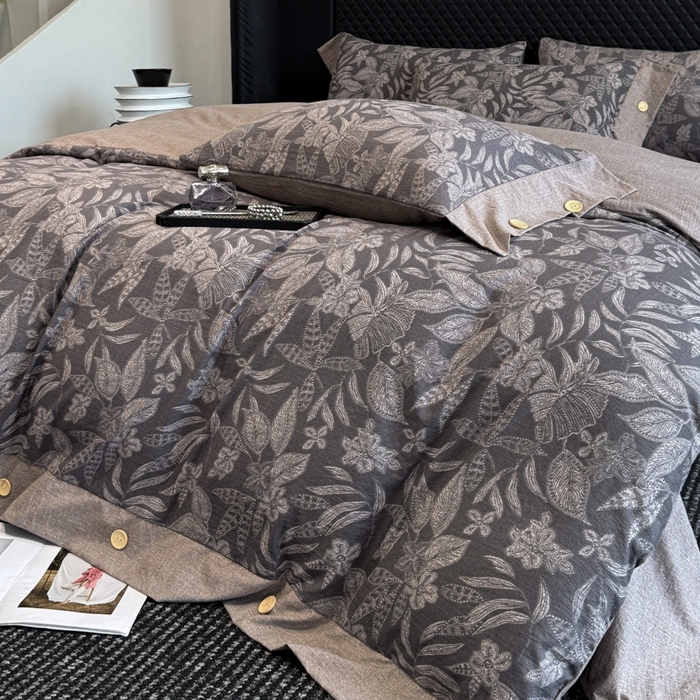 91家纺网 家纺一手货源 找家纺 晚爱家纺（原晚安家居） 2025新款A类原麻四件套纽扣款加厚双层纱仿亚麻套件四件套 晚秋