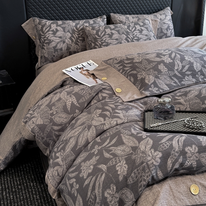 91家纺网 家纺一手货源 找家纺 晚爱家纺（原晚安家居） 2025新款A类原麻四件套纽扣款加厚双层纱仿亚麻套件四件套 晚秋