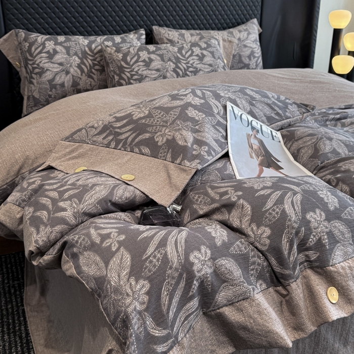 91家纺网 家纺一手货源 找家纺 晚爱家纺（原晚安家居） 2025新款A类原麻四件套纽扣款加厚双层纱仿亚麻套件四件套 晚秋