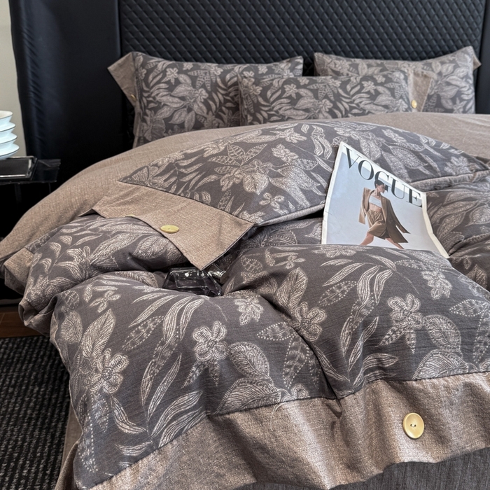 91家纺网 家纺一手货源 找家纺 晚爱家纺（原晚安家居） 2025新款A类原麻四件套纽扣款加厚双层纱仿亚麻套件四件套 晚秋