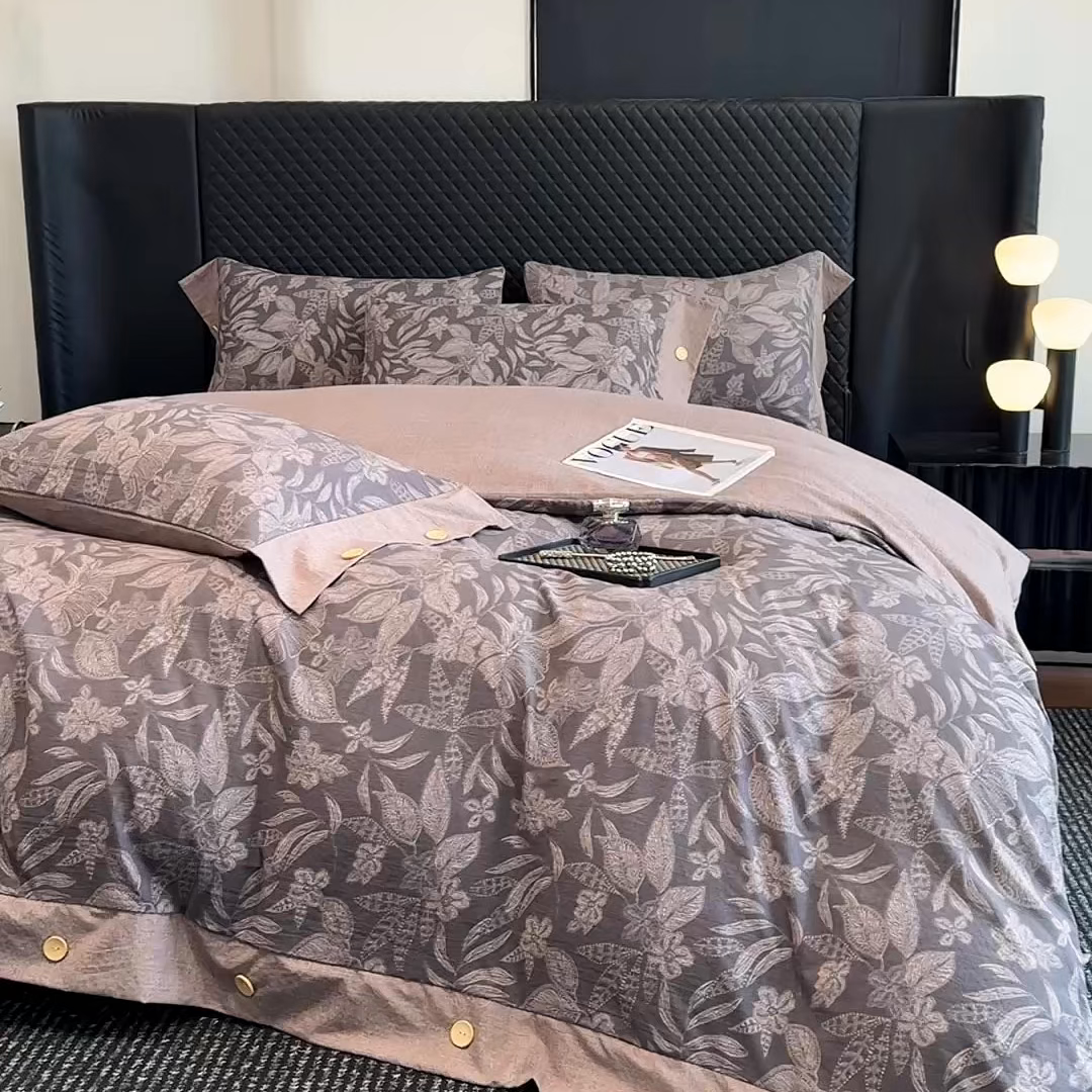 91家纺网 家纺一手货源 找家纺 晚爱家纺（原晚安家居） 2025新款A类原麻四件套纽扣款加厚双层纱仿亚麻套件四件套 晚秋