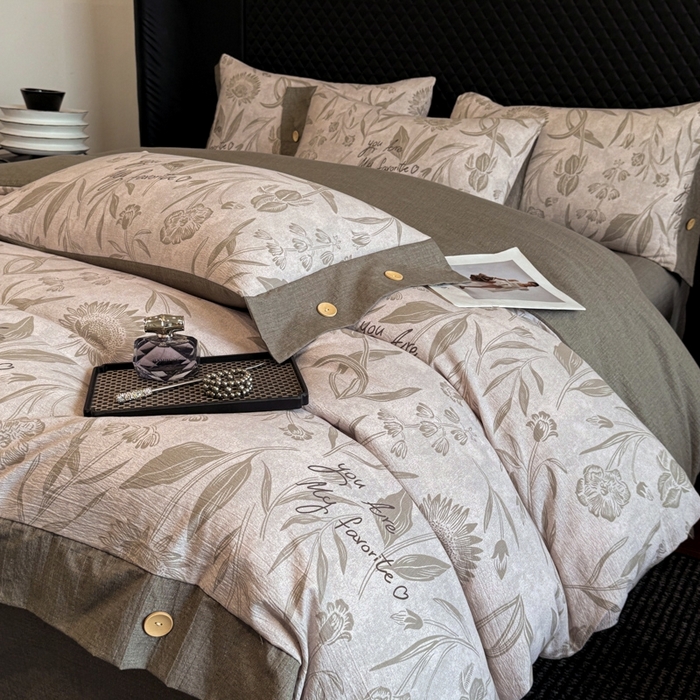 91家纺网 家纺一手货源 找家纺 晚爱家纺（原晚安家居） 2025新款A类原麻四件套纽扣款加厚双层纱仿亚麻套件四件套 向阳花开