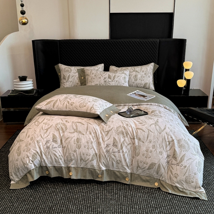 91家纺网 家纺一手货源 找家纺 晚爱家纺（原晚安家居） 2025新款A类原麻四件套纽扣款加厚双层纱仿亚麻套件四件套 向阳花开