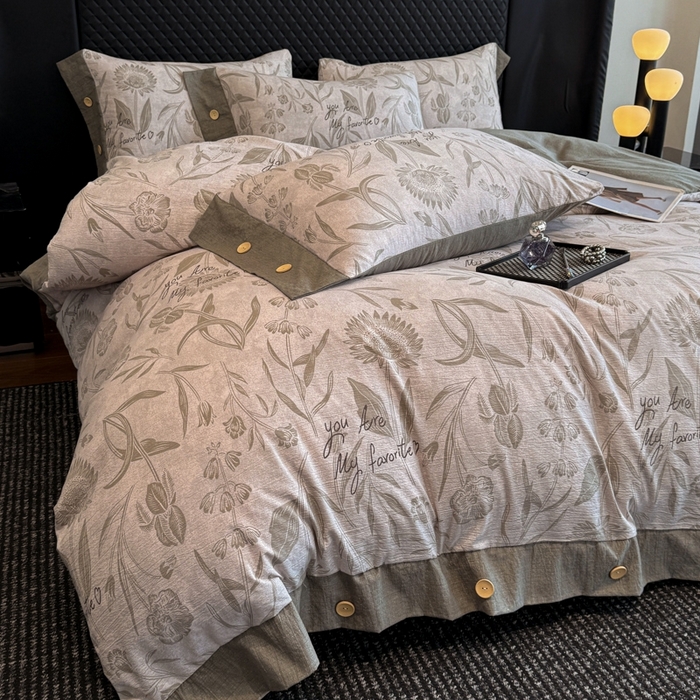 91家纺网 家纺一手货源 找家纺 晚爱家纺（原晚安家居） 2025新款A类原麻四件套纽扣款加厚双层纱仿亚麻套件四件套 向阳花开