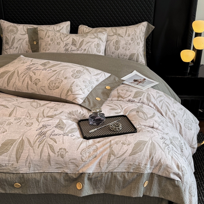 91家纺网 家纺一手货源 找家纺 晚爱家纺（原晚安家居） 2025新款A类原麻四件套纽扣款加厚双层纱仿亚麻套件四件套 向阳花开