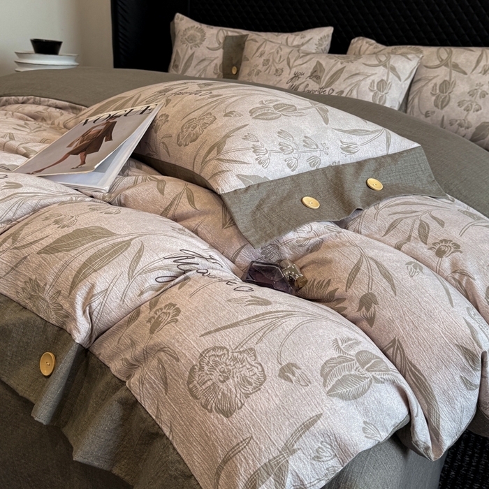 91家纺网 家纺一手货源 找家纺 晚爱家纺（原晚安家居） 2025新款A类原麻四件套纽扣款加厚双层纱仿亚麻套件四件套 向阳花开