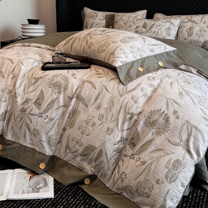 91家纺网 家纺一手货源 找家纺 晚爱家纺（原晚安家居） 2025新款A类原麻四件套纽扣款加厚双层纱仿亚麻套件四件套 向阳花开