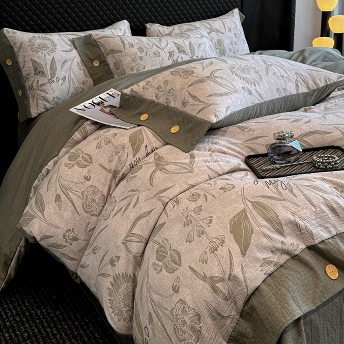 91家纺网 家纺一手货源 找家纺 晚爱家纺（原晚安家居） 2025新款A类原麻四件套纽扣款加厚双层纱仿亚麻套件四件套 向阳花开