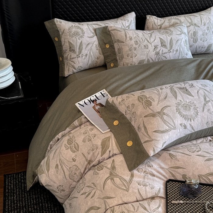 91家纺网 家纺一手货源 找家纺 晚爱家纺（原晚安家居） 2025新款A类原麻四件套纽扣款加厚双层纱仿亚麻套件四件套 向阳花开