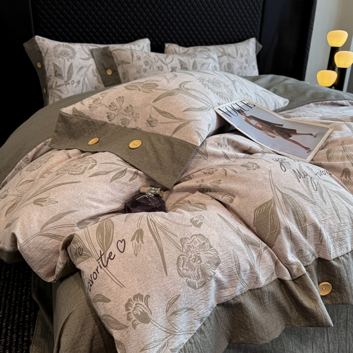 91家纺网 家纺一手货源 找家纺 晚爱家纺（原晚安家居） 2025新款A类原麻四件套纽扣款加厚双层纱仿亚麻套件四件套 向阳花开