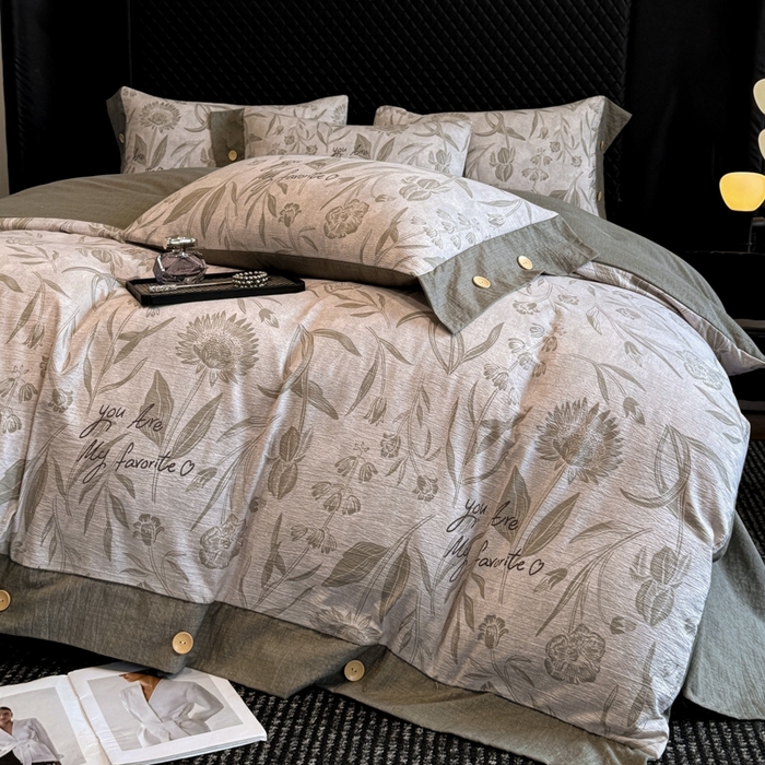 91家纺网 家纺一手货源 找家纺 晚爱家纺（原晚安家居） 2025新款A类原麻四件套纽扣款加厚双层纱仿亚麻套件四件套 向阳花开