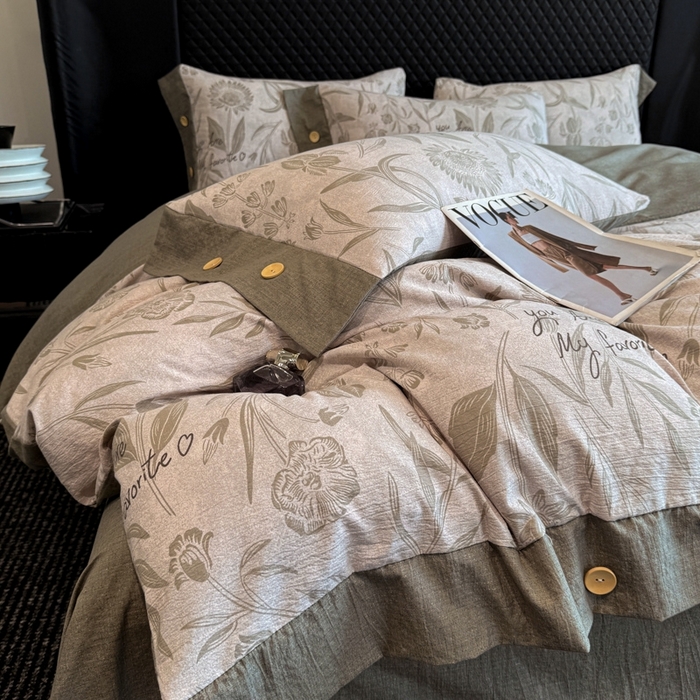 91家纺网 家纺一手货源 找家纺 晚爱家纺（原晚安家居） 2025新款A类原麻四件套纽扣款加厚双层纱仿亚麻套件四件套 向阳花开