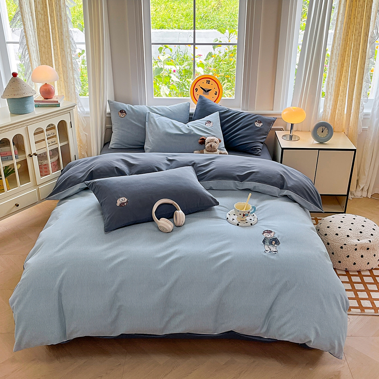 大境 2025秋冬专版刺绣A类全棉磨毛四件套三件套 篮球小熊-蓝灰条