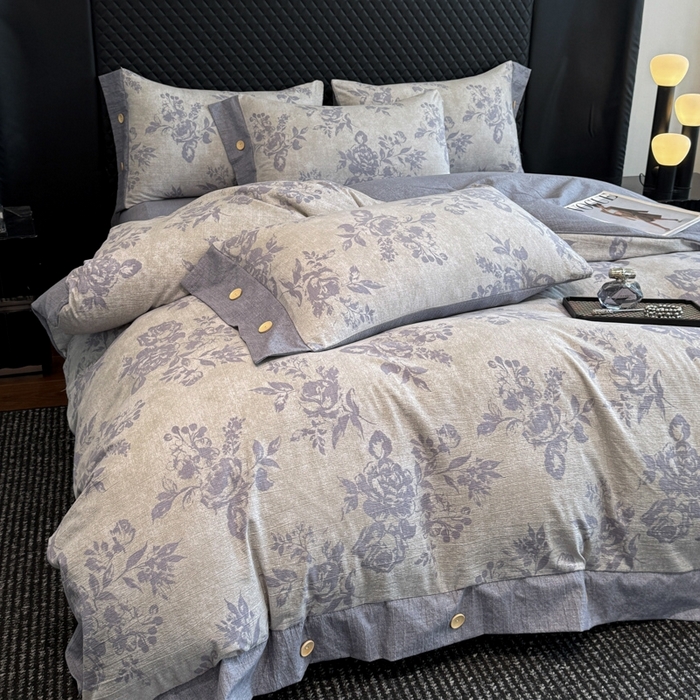 91家纺网 家纺一手货源 找家纺 晚爱家纺（原晚安家居） 2025新款A类原麻四件套纽扣款加厚双层纱仿亚麻套件四件套 绽放