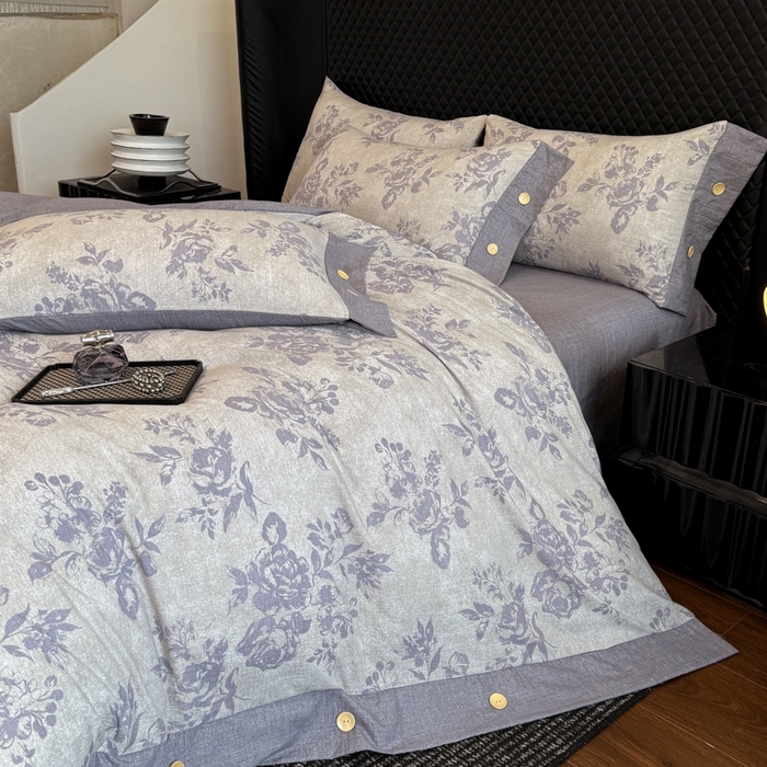 91家纺网 家纺一手货源 找家纺 晚爱家纺（原晚安家居） 2025新款A类原麻四件套纽扣款加厚双层纱仿亚麻套件四件套 绽放