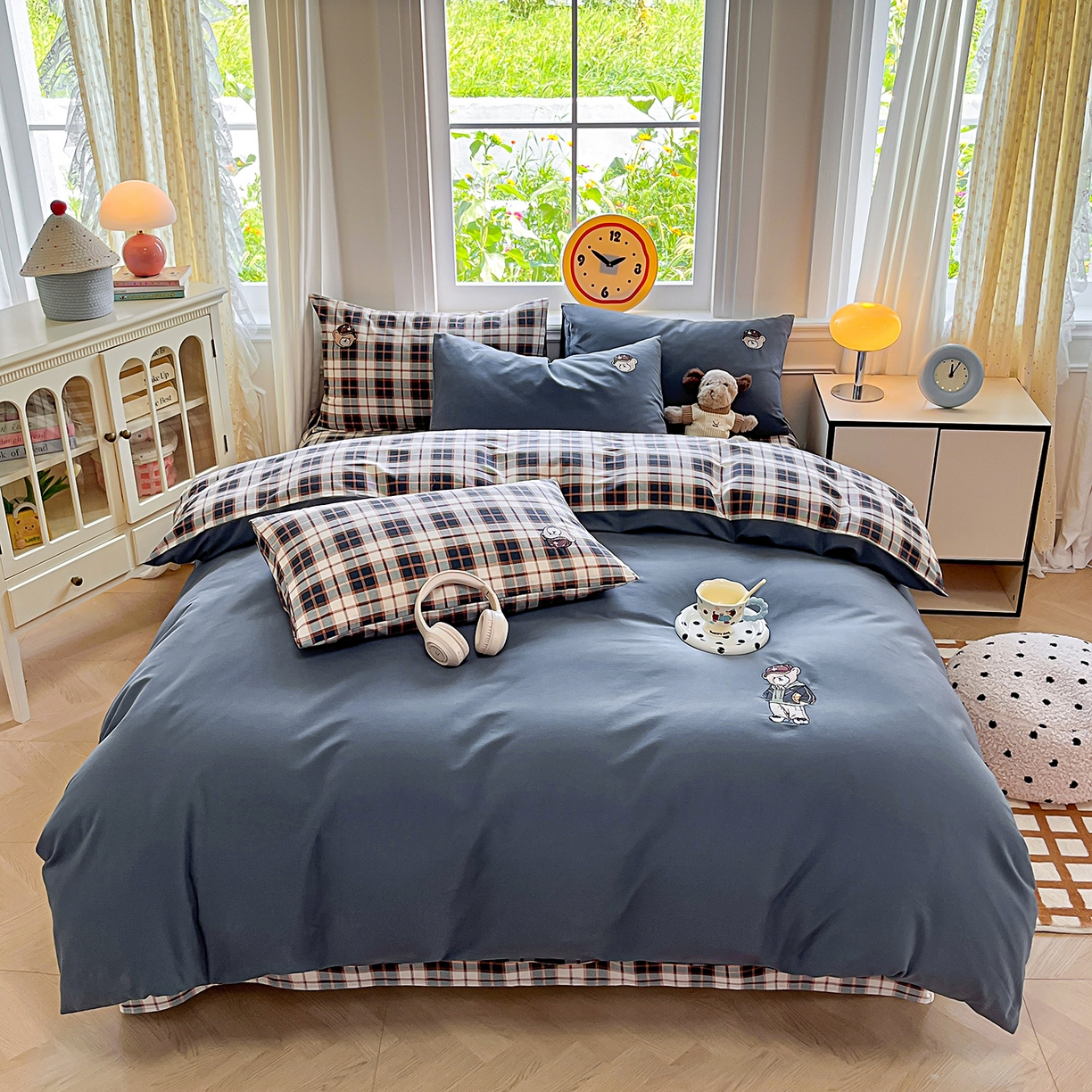 大境 2025秋冬专版刺绣A类全棉磨毛四件套三件套 篮球小熊-深蓝