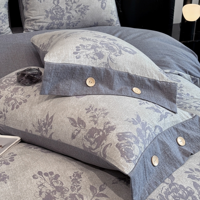 91家纺网 家纺一手货源 找家纺 晚爱家纺（原晚安家居） 2025新款A类原麻四件套纽扣款加厚双层纱仿亚麻套件四件套 绽放