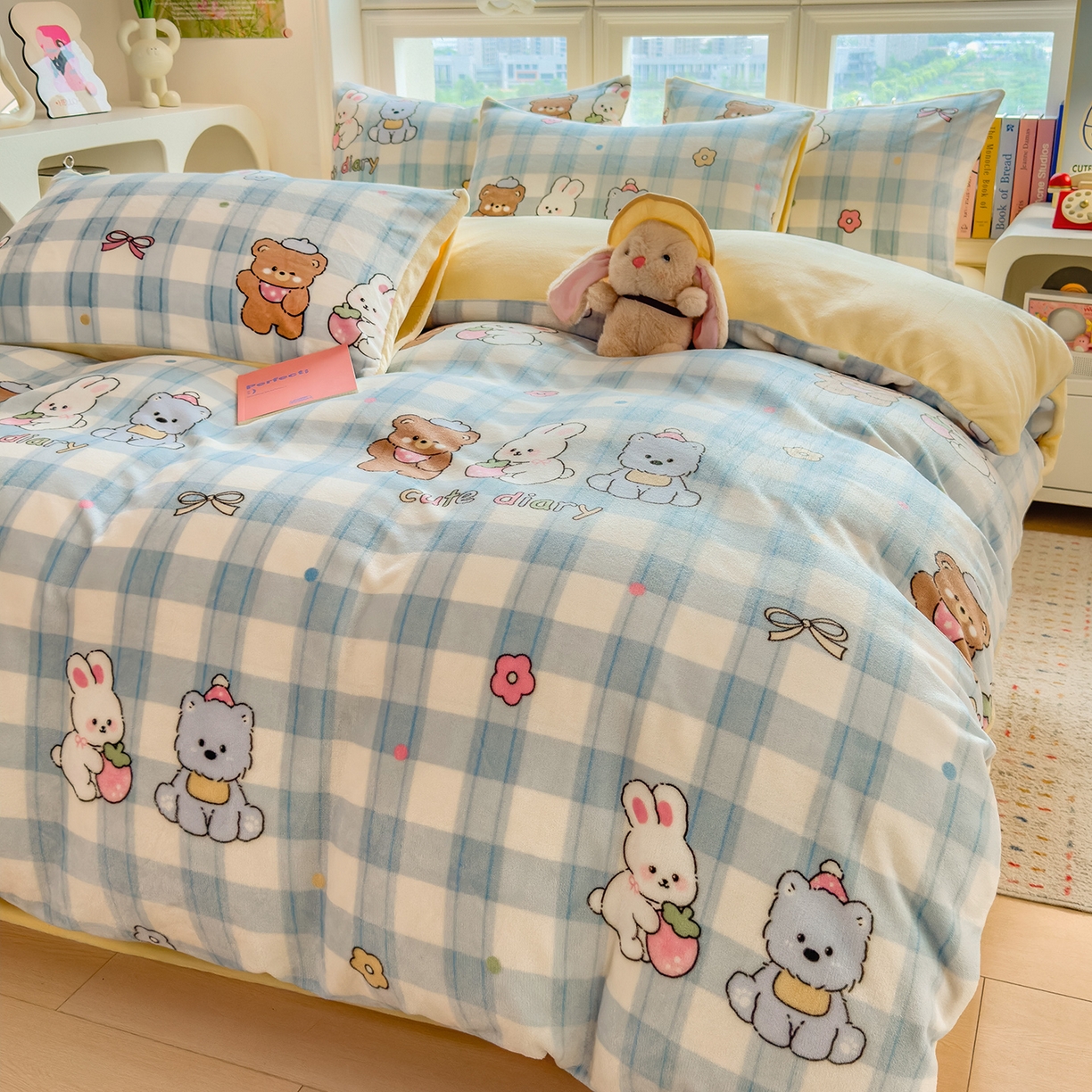 91家纺网 家纺一手货源 找家纺 摩妮卡 摩妮卡 2025新款加厚款小清新牛奶绒印花四件套床单款床笠单被套 萌宠汇