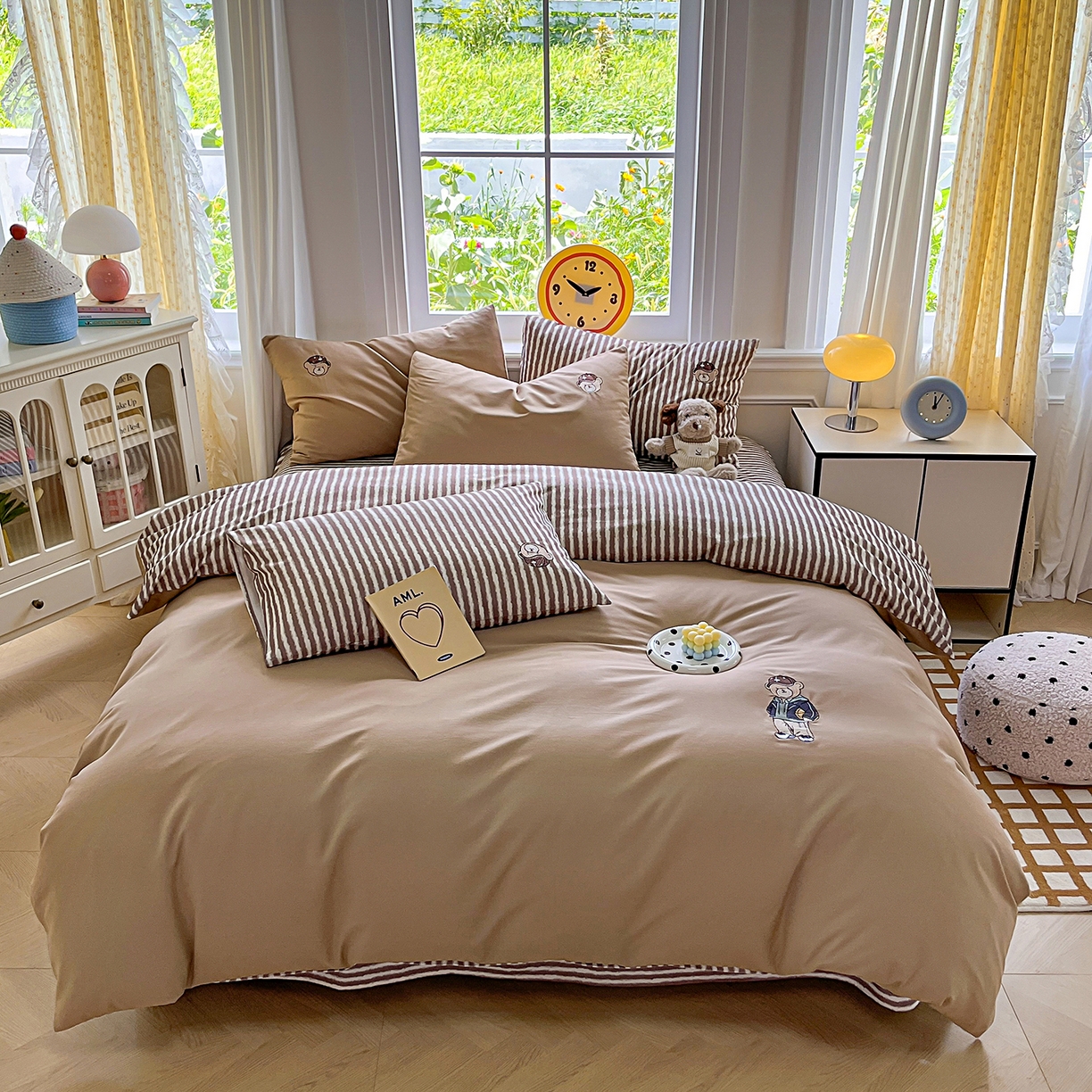 91家纺网 家纺一手货源 找家纺 大境 2025秋冬专版刺绣A类全棉磨毛四件套三件套 篮球小熊-暖咖