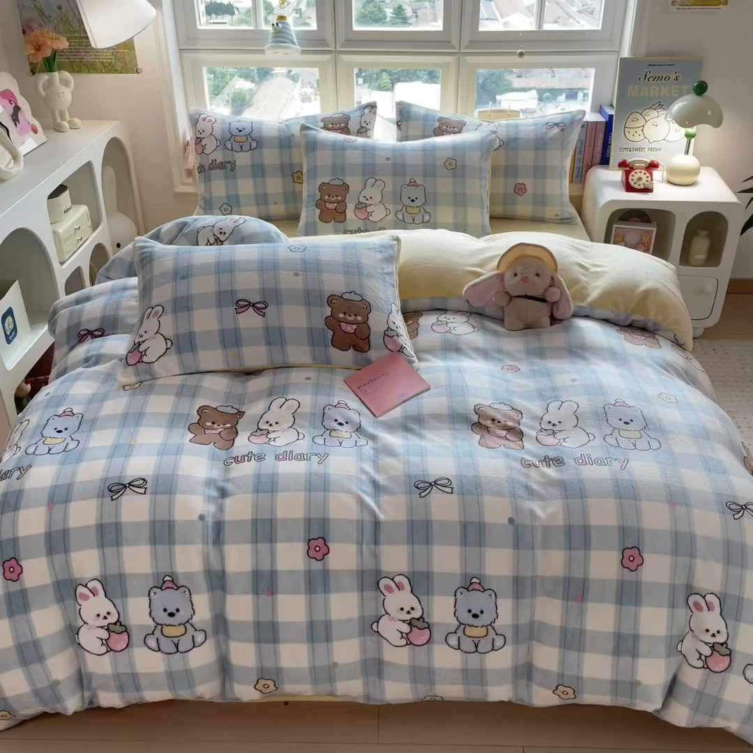 91家纺网 家纺一手货源 找家纺 摩妮卡 摩妮卡 2025新款加厚款小清新牛奶绒印花四件套床单款床笠单被套 萌宠汇