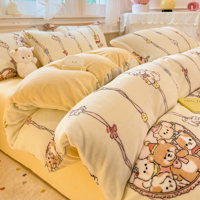 摩妮卡 摩妮卡 2025新款加厚款小清新牛奶绒印花四件套床单款床笠单被套 萌宠乐园