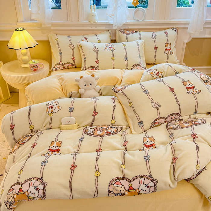 91家纺网 家纺一手货源 找家纺 摩妮卡 摩妮卡 2025新款加厚款小清新牛奶绒印花四件套床单款床笠单被套 萌宠乐园