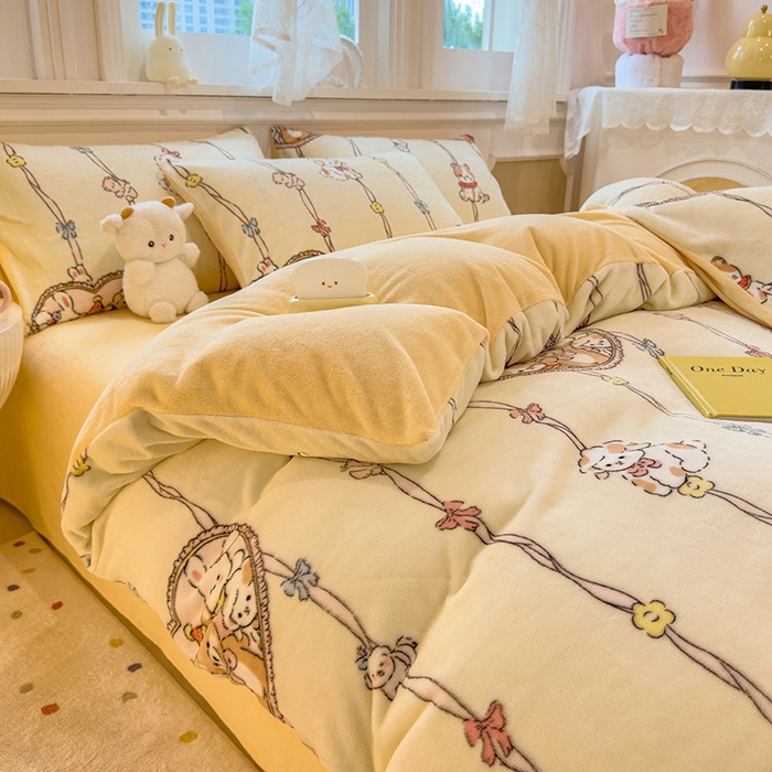 91家纺网 家纺一手货源 找家纺 摩妮卡 摩妮卡 2025新款加厚款小清新牛奶绒印花四件套床单款床笠单被套 萌宠乐园