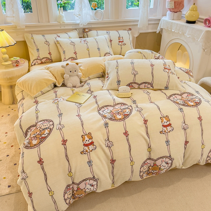 91家纺网 家纺一手货源 找家纺 摩妮卡 摩妮卡 2025新款加厚款小清新牛奶绒印花四件套床单款床笠单被套 萌宠乐园