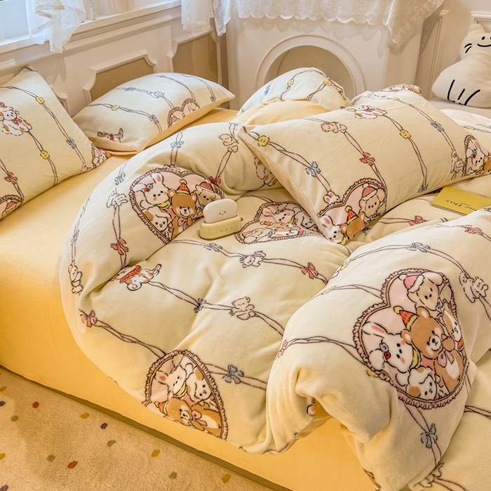 91家纺网 家纺一手货源 找家纺 摩妮卡 摩妮卡 2025新款加厚款小清新牛奶绒印花四件套床单款床笠单被套 萌宠乐园